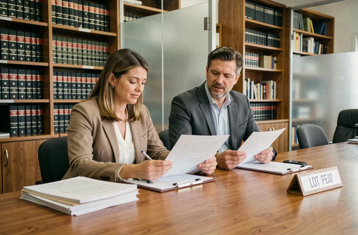 Couple d'acheteurs consultant les documents d'une vente aux enchères immobilières chez un notaire