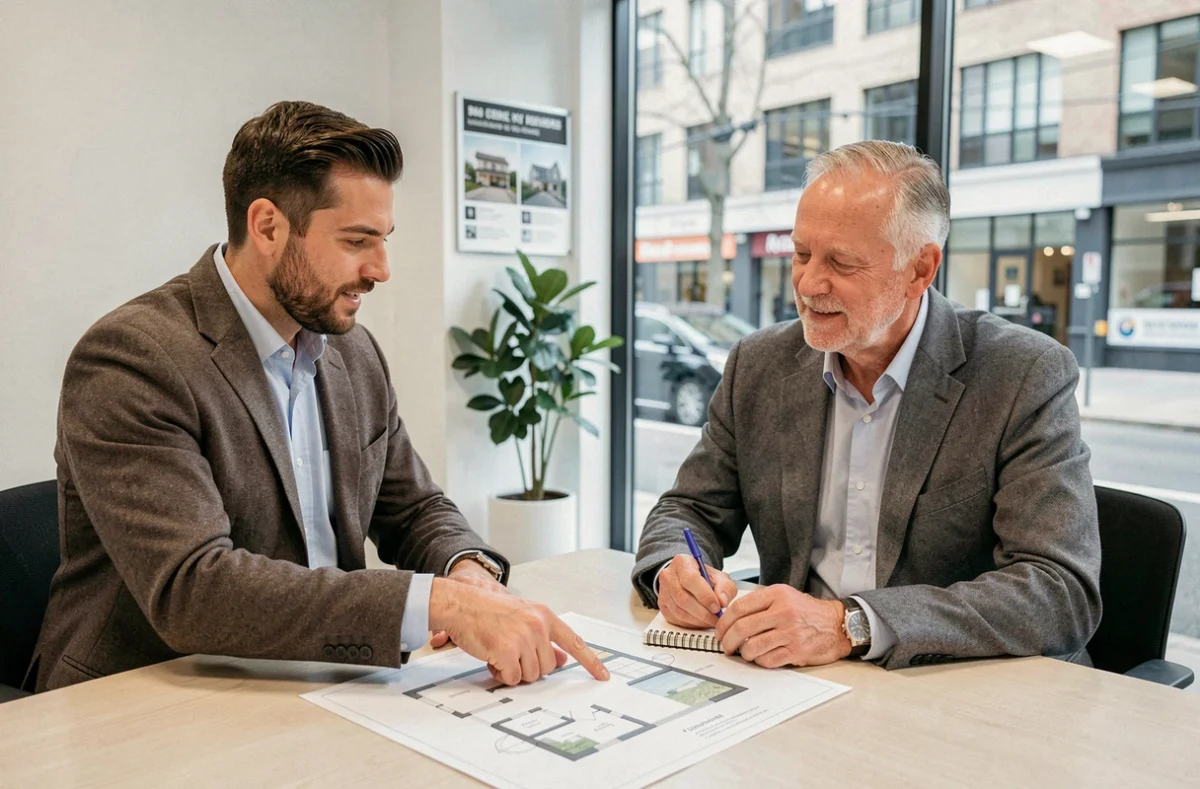 Agent immobilier et client discutant d'un contrat de location avec option d'achat dans une agence