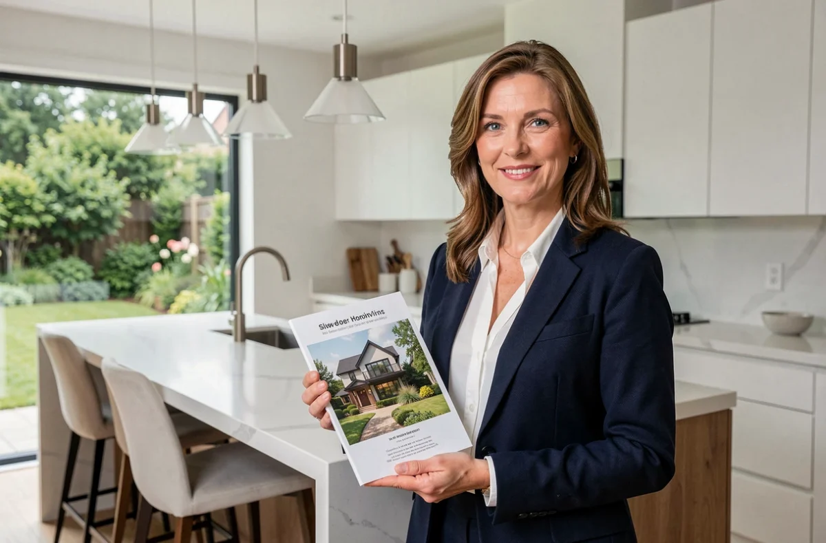 Agent immobilière présentant un bien haut de gamme dans une cuisine moderne et luxueuse, conseil pour vendre sa maison au meilleur prix