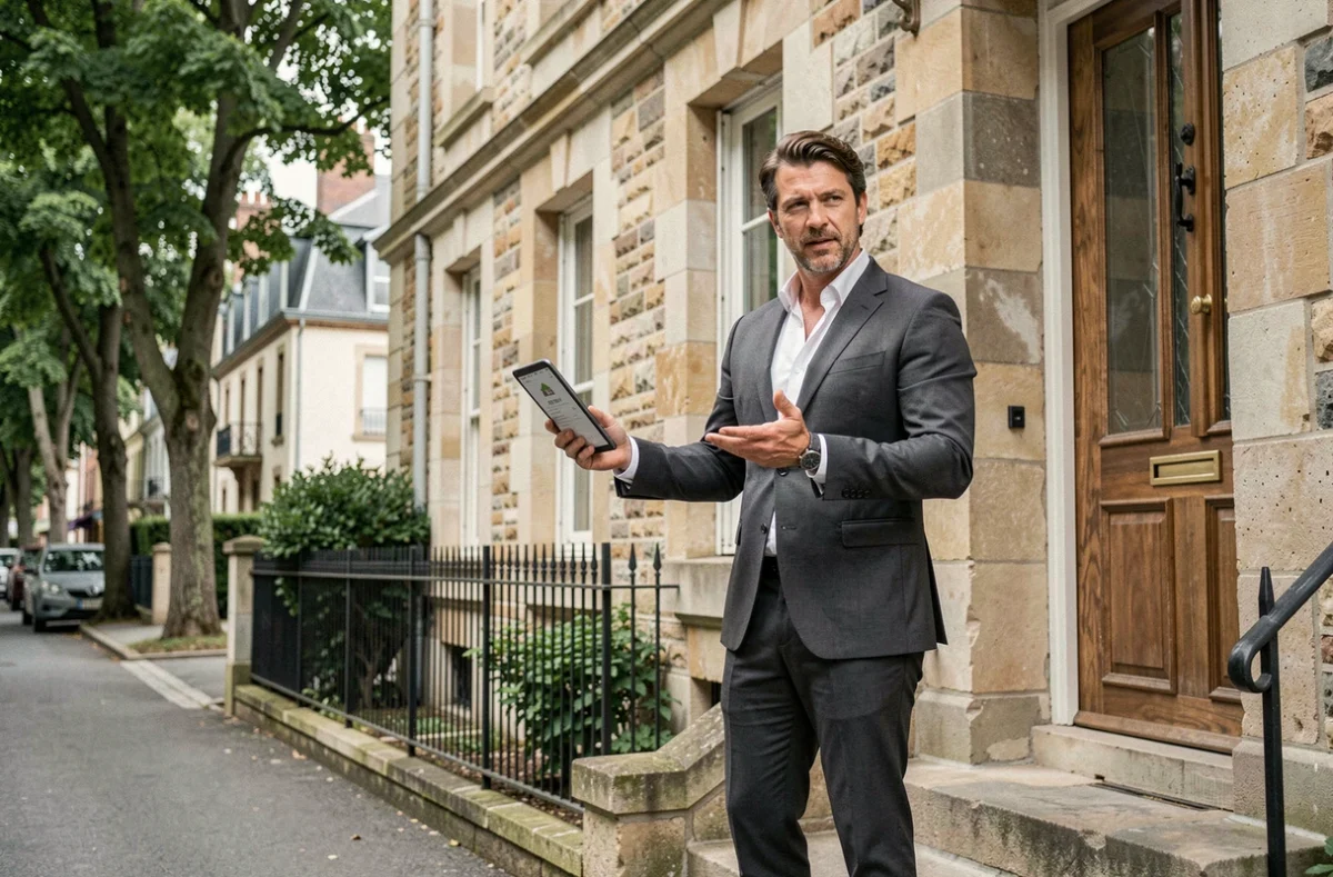Agent immobilier évaluant la valeur marchande d'une maison en pierre devant la façade avec une tablette affichant une estimation de prix