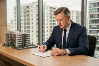 Agent immobilier examinant des documents liés à la loi Pinel dans un bureau moderne avec maquettes de résidences