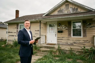Agent immobilier devant une maison saisie avec avis d'expulsion sur la porte
