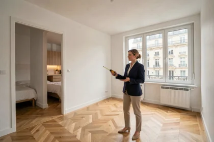 Agent immobilier mesurant la superficie d'un appartement T3 vide avec un télémètre laser