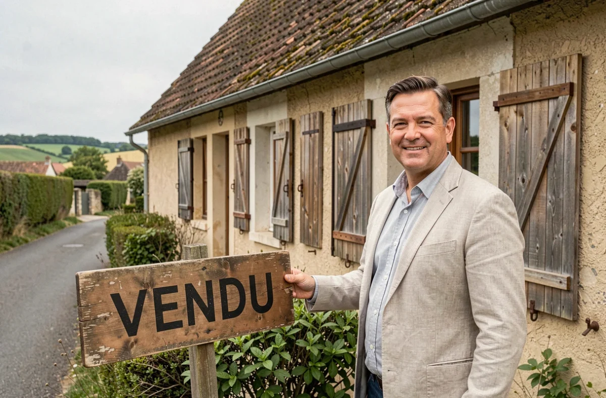 Agent immobilier posant un panneau vendu devant un cottage rénové en zone rurale