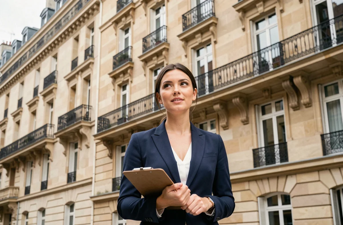 Agent immobilière devant un immeuble haussmannien évaluant le rendement locatif d'un investissement