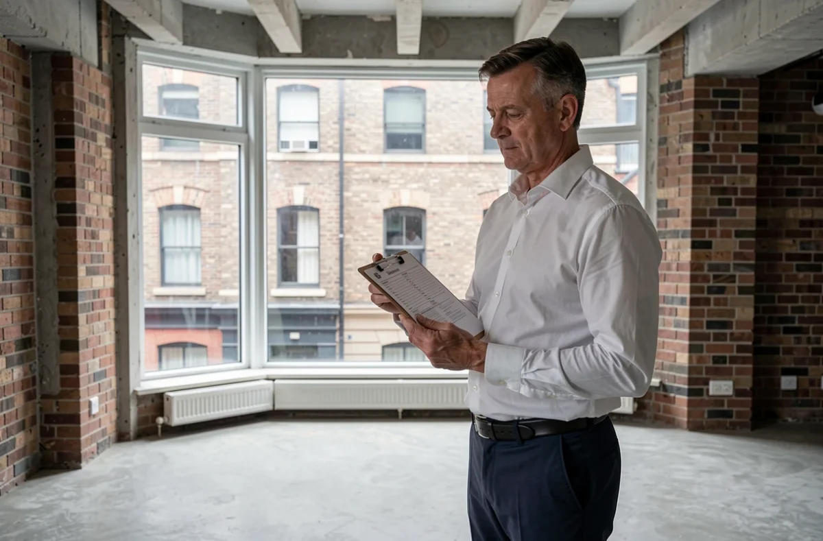 Agent immobilier effectuant une inspection rigoureuse d'un appartement vide dans le cadre d'un tri immobilier