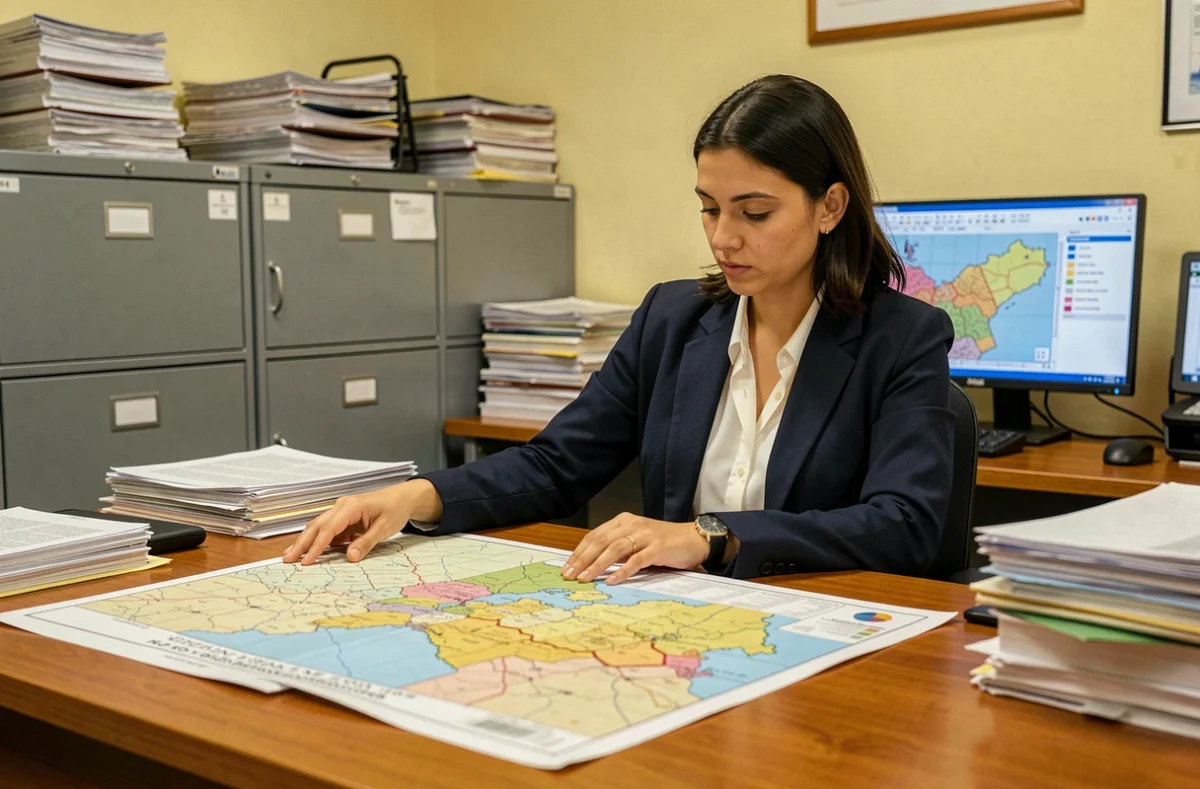 Agente des services cadastraux étudiant des plans fonciers dans un bureau administratif