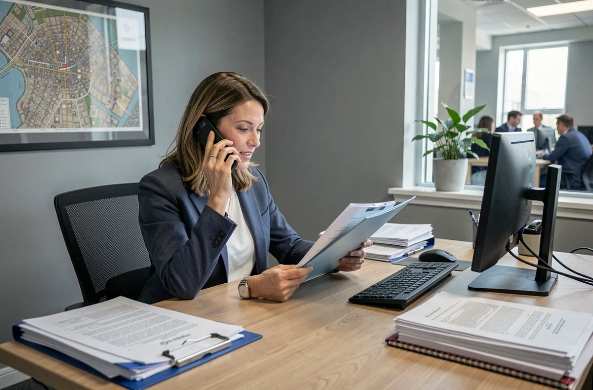 Agente immobilière examinant un dossier de location dans un bureau professionnel tout en téléphonant