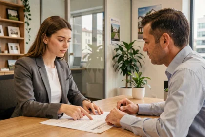 Jeune femme discutant d'une alternative à la garantie Visale avec un agent immobilier dans une agence moderne