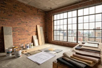 Loft industriel en cours d'aménagement avec murs en briques apparentes, béton brut et matériaux de construction disposés sur le sol