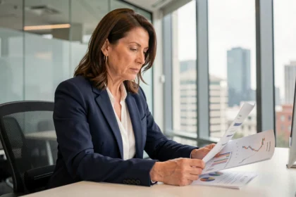 Femme d'affaires analysant des graphiques de rentabilité dans un bureau moderne