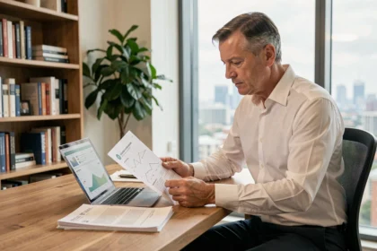 Homme analysant le rendement locatif d'un bien immobilier sur un ordinateur portable avec des documents financiers