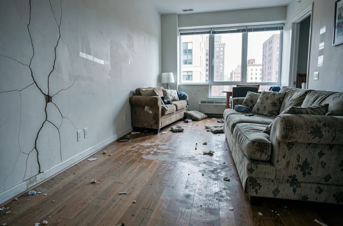 Appartement Airbnb endommagé avec fissures murales et sol rayé illustrant les dommages causés par les locataires