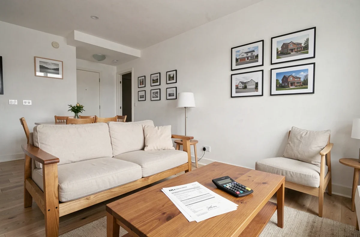 Appartement meublé en location avec documents administratifs symbolisant les revenus locatifs et le statut juridique du loueur en meublé