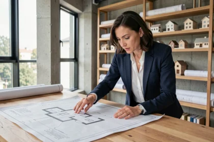 Architecte professionnelle examinant des plans d'extension de maison dans un studio moderne