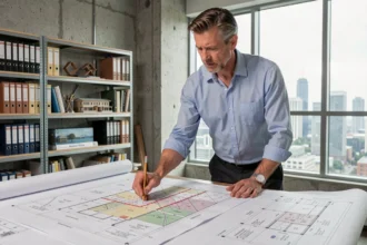 Architecte examinant des plans de zonage de construction dans un bureau professionnel moderne