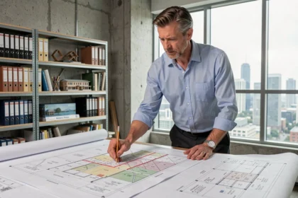 Architecte examinant des plans de zonage de construction dans un bureau professionnel moderne