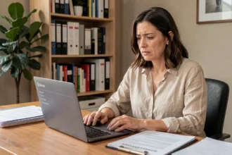 Femme consultant des documents administratifs pour obtenir une autorisation de location Airbnb à son bureau à domicile