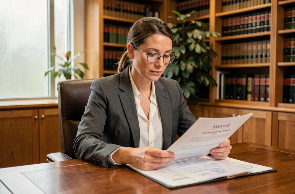 Avocate en droit immobilier consultant des documents de garantie de zone de construction dans un cabinet juridique