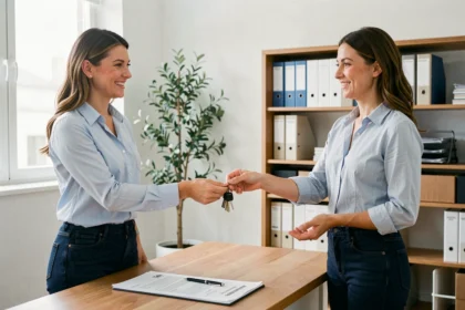 Une locataire souriante remet les clés de son appartement à un propriétaire dans une agence immobilière moderne, illustrant une relation de confiance entre locataire et bailleur.