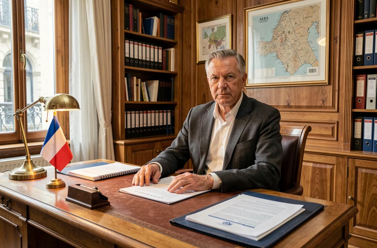 Homme politique dans un bureau officiel de mairie parisienne du 16e arrondissement avec documents municipaux