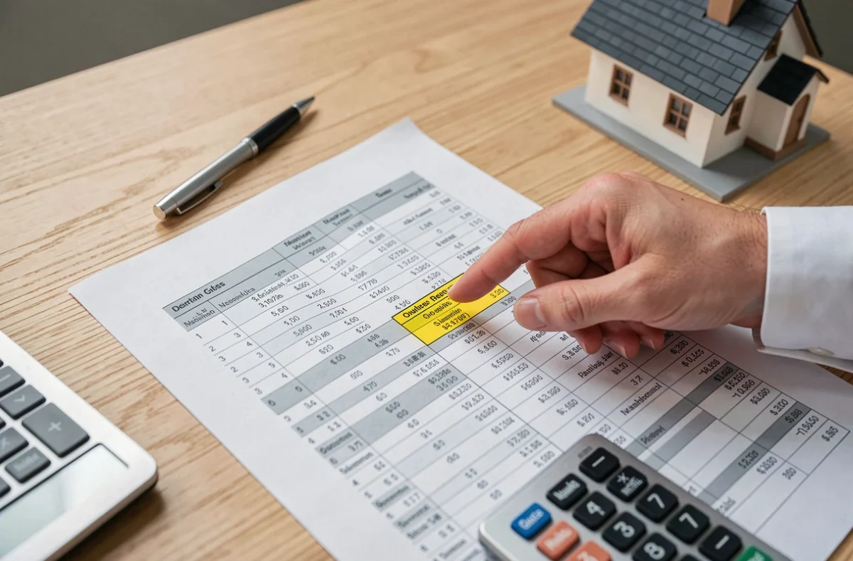 Gros plan sur des documents financiers et une calculatrice pour calculer la plus-value immobilière au bout de 5 ans