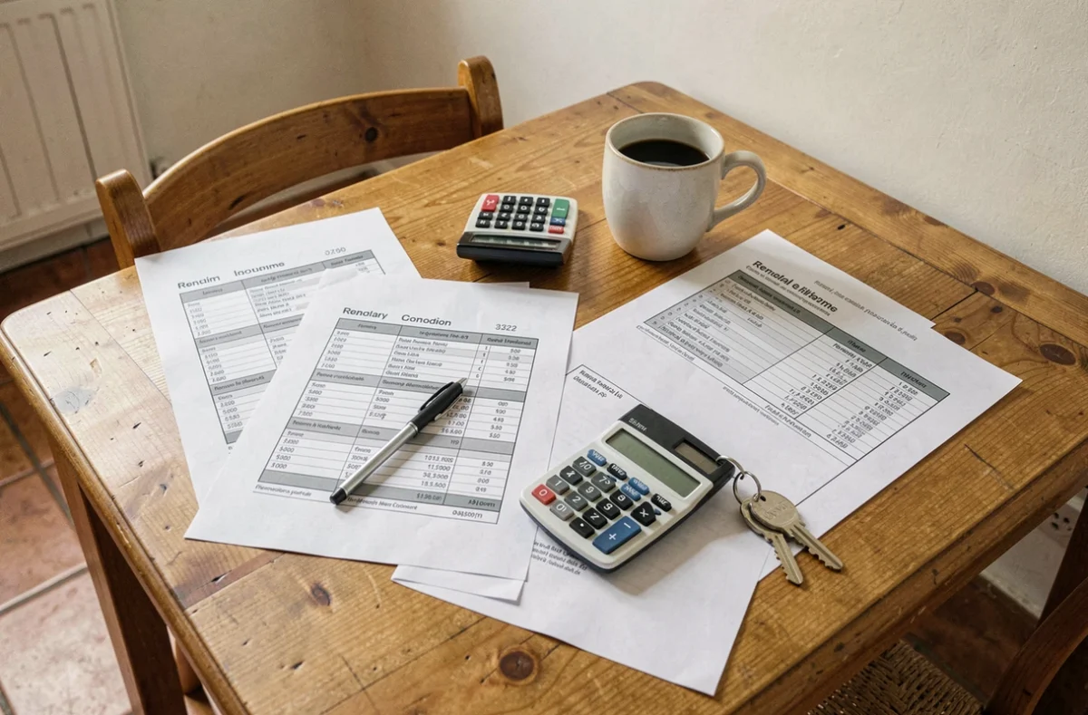 Tableau de calcul du rendement locatif avec clés d'appartement et calculatrice sur une table en bois