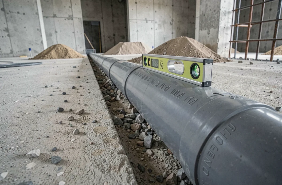 Canalisation d'évacuation gravitaire en PVC avec niveau numérique mesurant la pente réglementaire sous dalle béton
