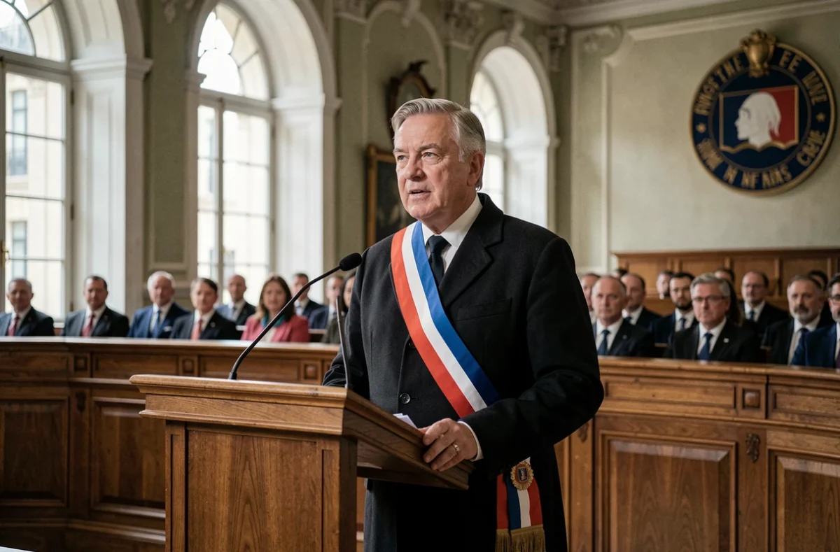 Maire du 16e arrondissement de Paris prononçant un discours lors d'une cérémonie officielle en salle du conseil