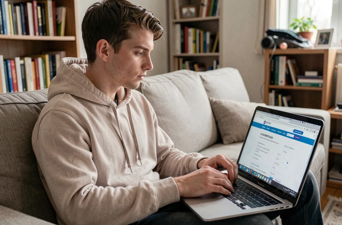 Jeune adulte effectuant un changement d'adresse en ligne sur un ordinateur portable depuis son salon