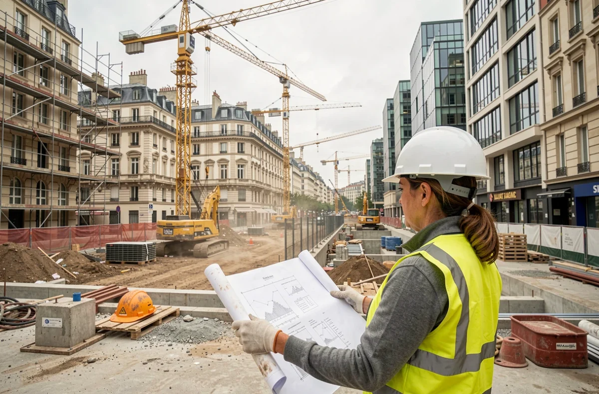Architecte sur un chantier de projet urbain en plein cœur d'une ville européenne avec grues et immeubles en construction