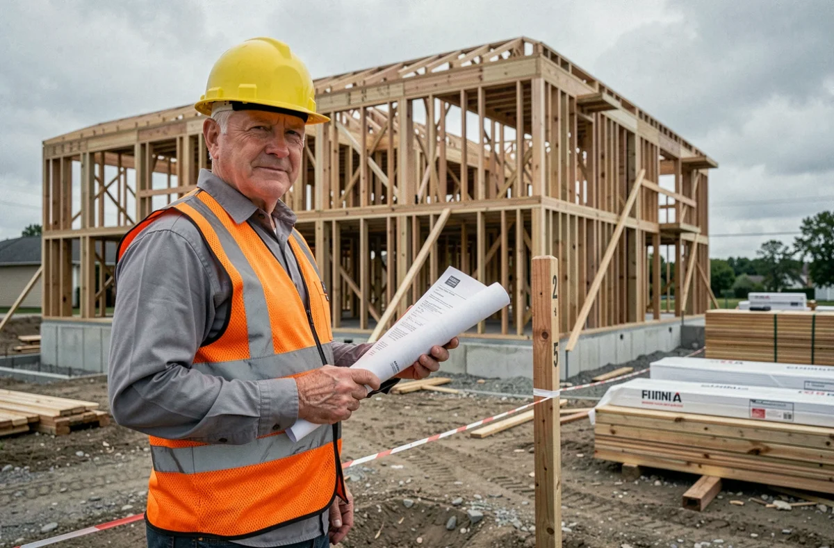 Chef de chantier sur un terrain de construction tenant un permis de zone de construction avec des marqueurs de délimitation visibles