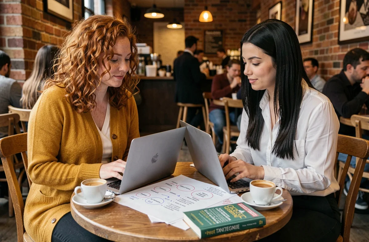 Deux étudiantes collaborant dans un café pour rechercher et annoter des collocations sur des fiches imprimées et ordinateurs portables