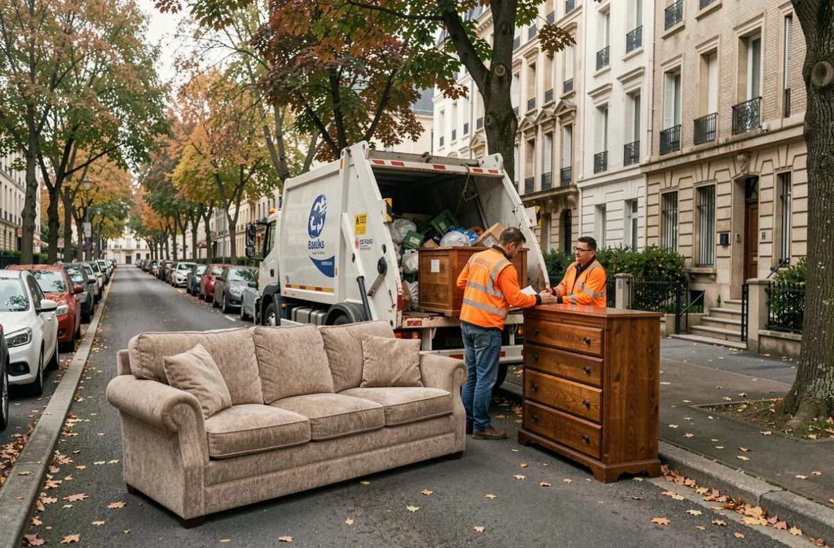 Collecte d'encombrants municipaux avec un canapé et une commode lourde déposés sur le trottoir d'une rue résidentielle française