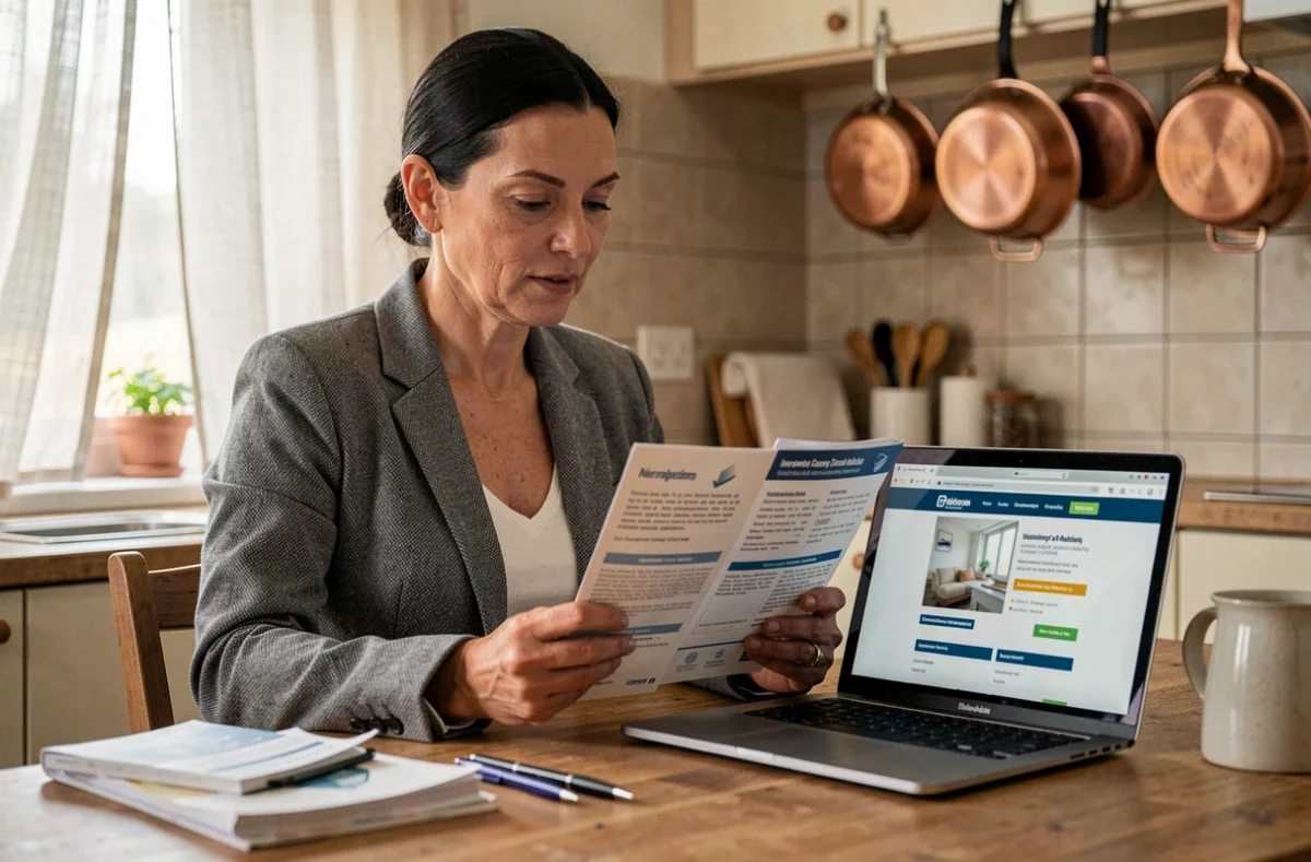 Femme propriétaire comparant des offres d'assurance PNO à domicile sur table en bois