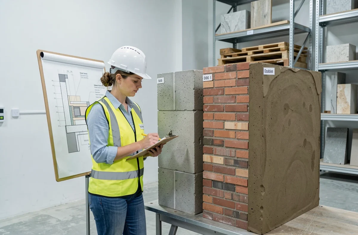 Ingénieure comparant différents types de murs dans un laboratoire de matériaux de construction