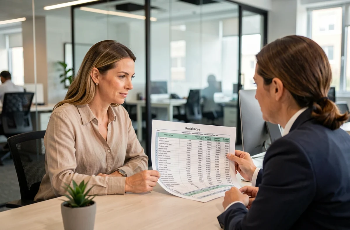 Conseillère financière et cliente analysant la répartition du déficit foncier sur un tableau de charges locatives
