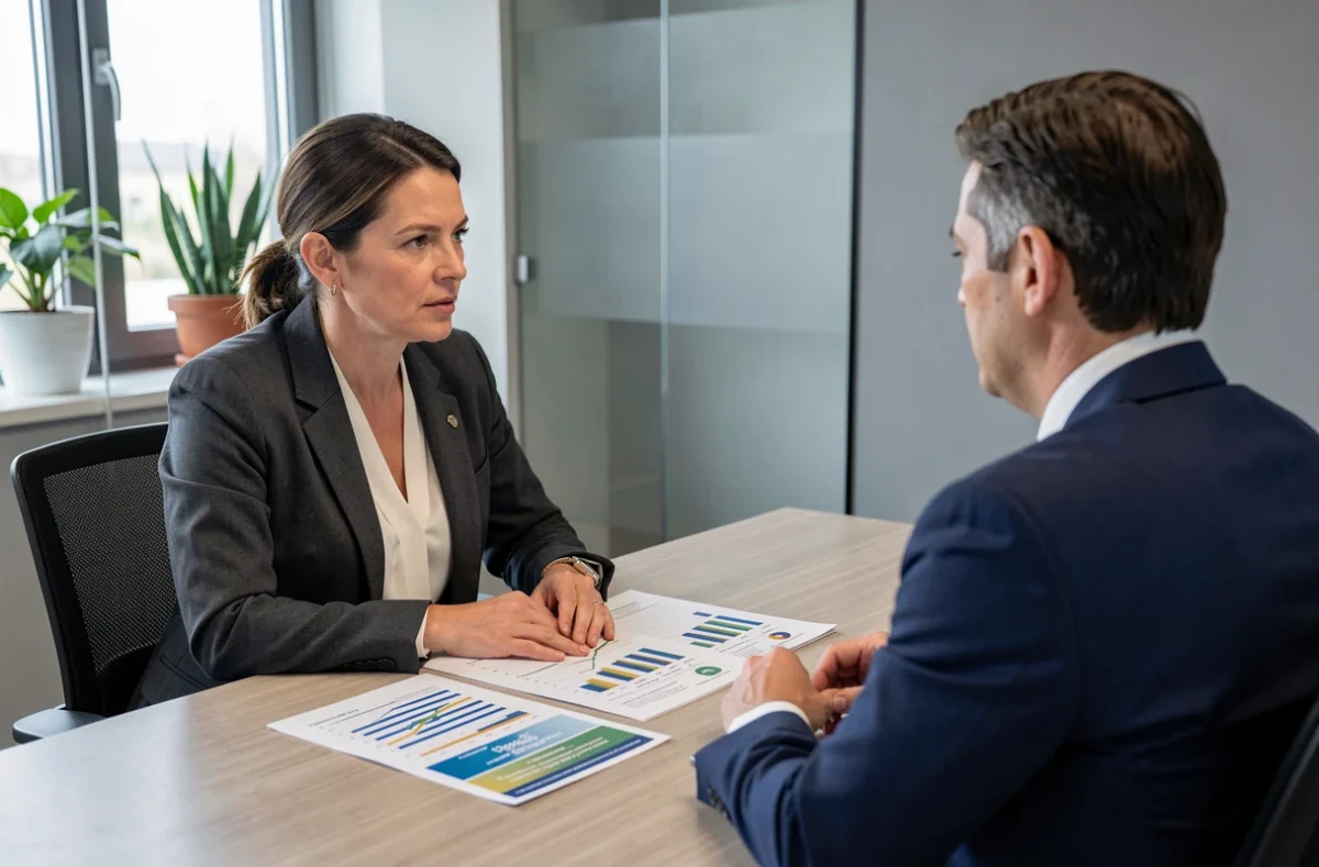Femme en rendez-vous avec un conseiller bancaire pour discuter d'un prêt immobilier modulable
