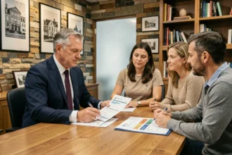 Conseiller immobilier expliquant un dispositif de défiscalisation dans l'ancien à un couple de propriétaires