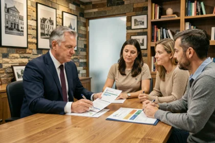 Conseiller immobilier expliquant un dispositif de défiscalisation dans l'ancien à un couple de propriétaires
