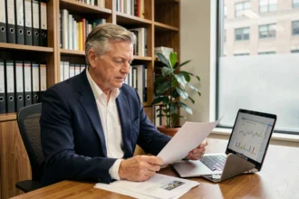 Conseiller financier analysant des documents immobiliers pour optimiser la fiscalité sur la plus-value de cession