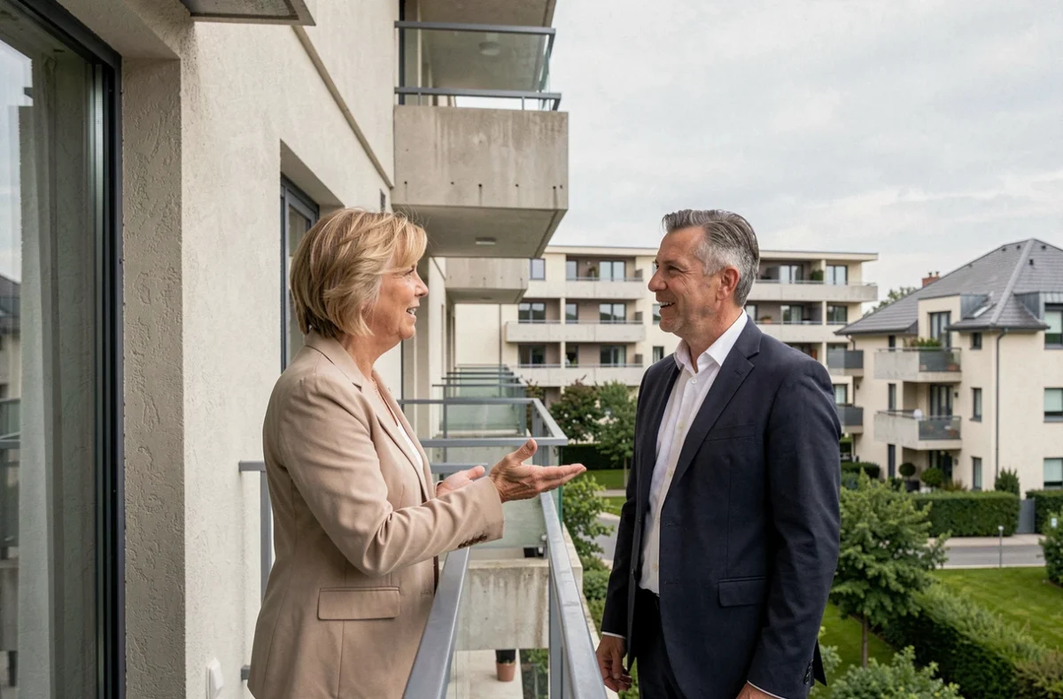 Propriétaire et conseiller immobilier discutant de la prolongation d'un investissement Scellier devant un immeuble résidentiel