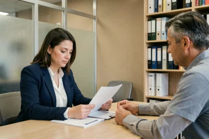 Femme consultant un conseiller logement dans un bureau de service social moderne
