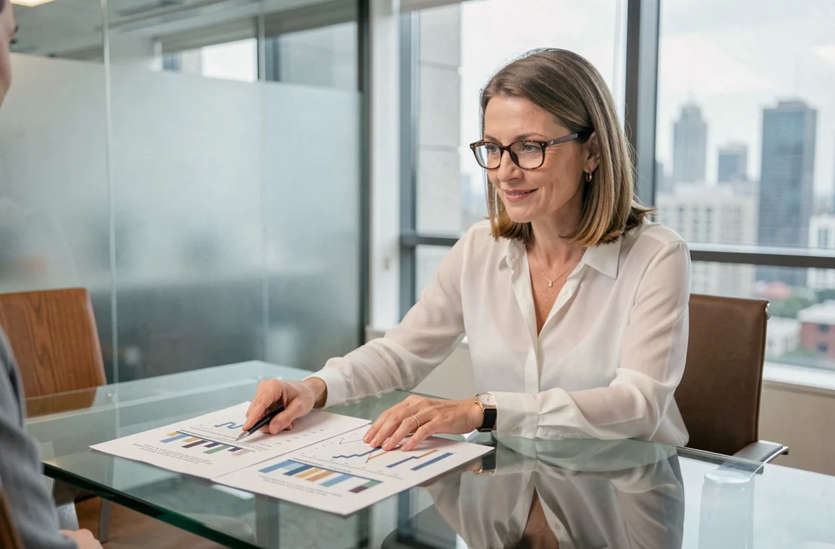 Conseillère fiscale expliquant les options de régime fiscal LMNP à un client dans un cabinet comptable