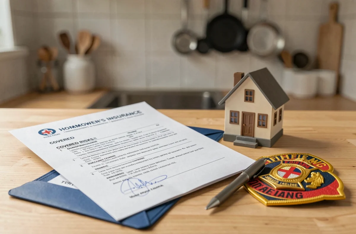 Contrat d'assurance incendie ouvert sur une table, accompagné d'une maquette de maison et d'un insigne de pompier symbolisant les risques couverts