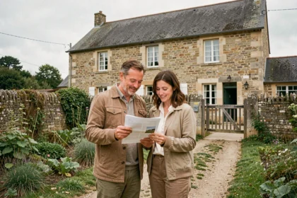 Couple examinant des documents immobiliers devant une ferme en pierre dans une zone rurale française en 2024
