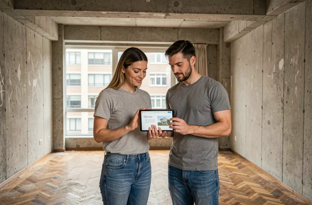 Couple visitant un appartement vide et calculant l'apport nécessaire pour un achat immobilier