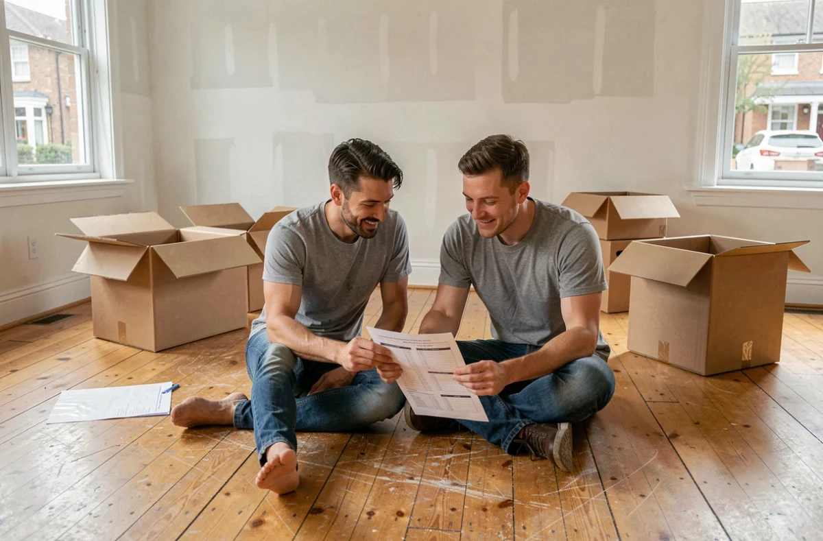 Couple assis sur le parquet d'un appartement vide en train de préparer leur liste de tâches avant un déménagement