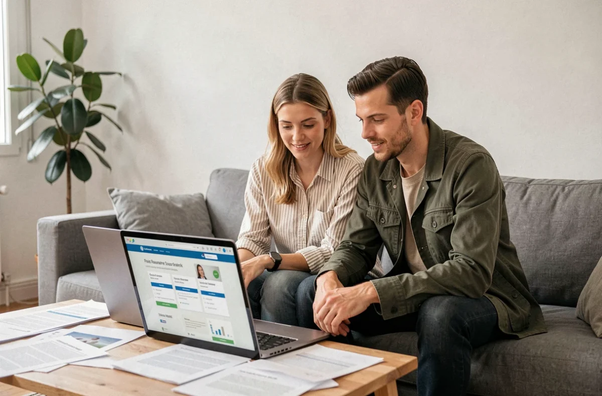 Couple comparant des offres d'assurance habitation sur un ordinateur portable, processus facilité par la loi Hamon