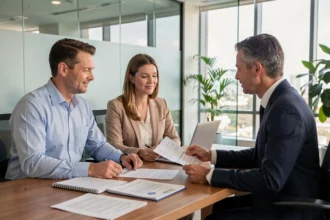 Couple consultant un conseiller financier pour comprendre les avantages d'une assurance garantie hypothécaire dans une agence bancaire moderne